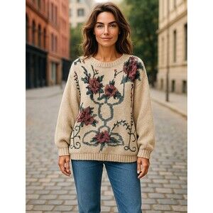 Vintage Classic Elements Sweater Womens‎ Medium Beige Cottagecore Grandmacore